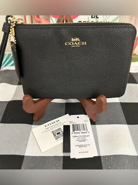 Coach Black Leather Zip Wristlet Clutch with Gold Hardware